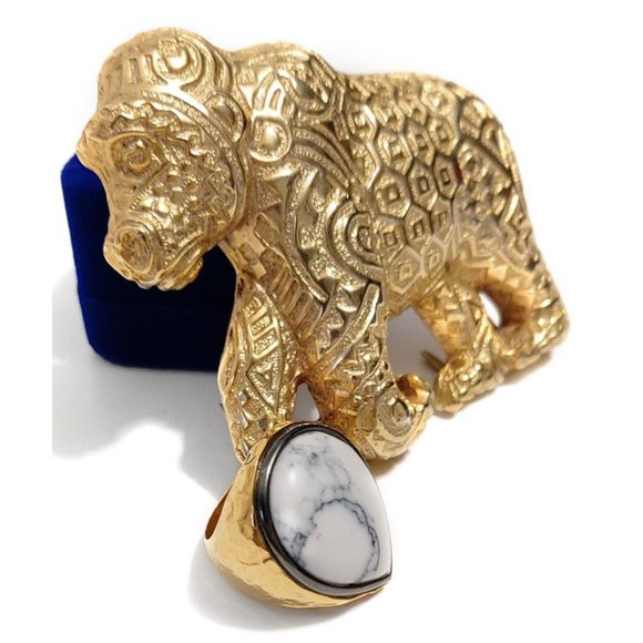 18k Yellow Gold 10 Microns Plated Ring Black and White Pear Shape Stone Size 6.5 - Picture 7 of 12